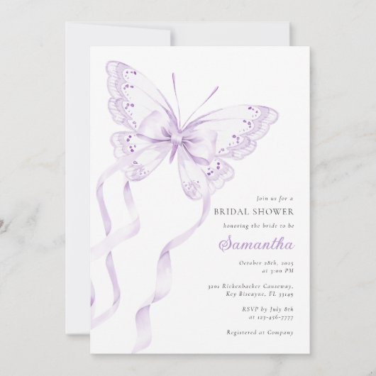 パープルバタフエレガントィーブライダルシャワー 招待状 (正面)