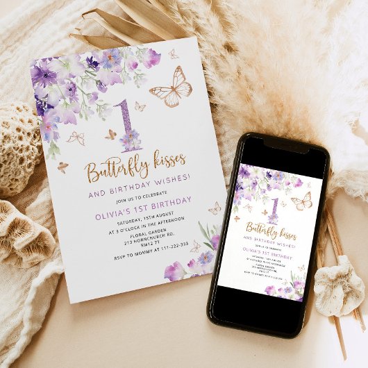 パープルバタフライの最初の誕生日 招待状