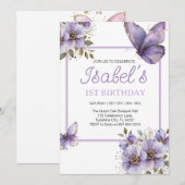 パープルバタフライの1歳誕生日フラワー招待状 招待状 (正面/裏面)