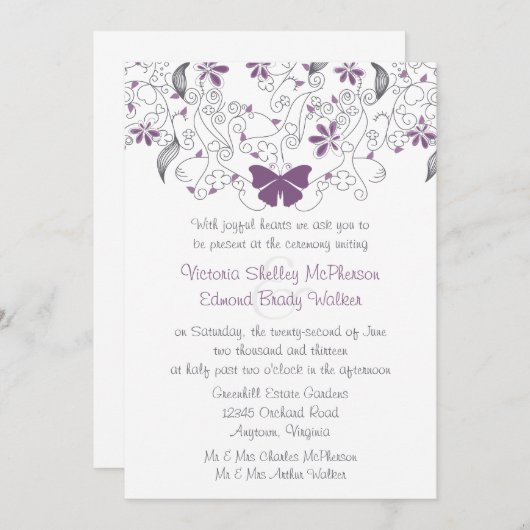 パープルバタフライウィムシー結婚式招待状 招待状 (正面/裏面)