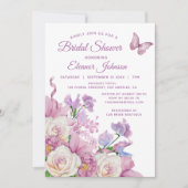 パープルバタフライウォーターカラーフローラブライダルシャワー 招待状 (正面)