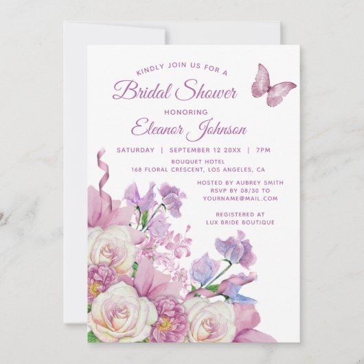 パープルバタフライウォーターカラーフローラブライダルシャワー 招待状 (正面)