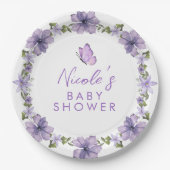 パープルバタフライウォーターカラーワイルドフラワーベビーショー ペーパープレート (正面)