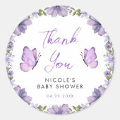 パープルバタフライウォーターカラーワイルドフラワーベビーショー ラウンドシール (正面)