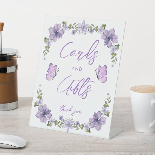 パープルバタフライウォーターカラーワイルドフラワーベビーショー 台座サイン (インサイチュ)