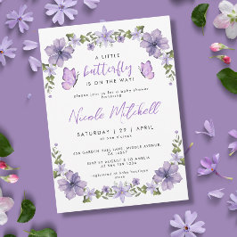 パープルバタフライウォーターカラーワイルドフラワーベビーショー 招待状
