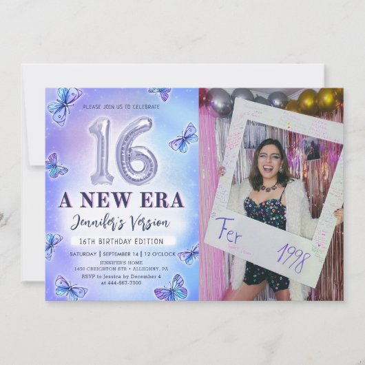 パープルバタフライエラス誕生日16th写真 招待状 (正面)
