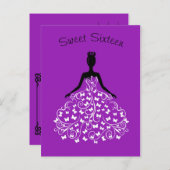 パープルバタフライガウンSweet sixteen招待状 インビテーションポストカード (正面/裏面)