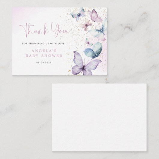 パープルバタフライガールベビーシャワーサンキューカード ノートカード (正面/裏面)