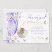 パープルバタフライガール誕生日写真 サンキューカード (正面)