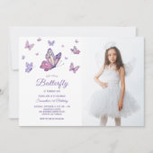 パープルバタフライガール誕生日写真 招待状 (正面)