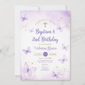 パープルバタフライガール2nd誕生日バプテスムクロス 招待状 (正面)