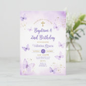 パープルバタフライガール2nd誕生日バプテスムクロス 招待状 (スタンド正面)