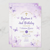 パープルバタフライガール2nd誕生日バプテスムクロス 招待状 (正面/裏面)