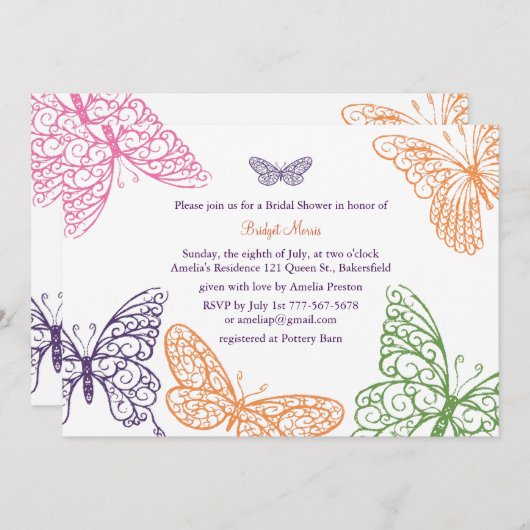 パープルバタフライキスブライダルシャワー招待 招待状 (正面/裏面)
