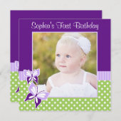 パープルバタフライグリーン水玉模様誕生日フォト 招待状 (正面/裏面)