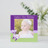 パープルバタフライグリーン水玉模様誕生日フォト 招待状 (スタンド正面)