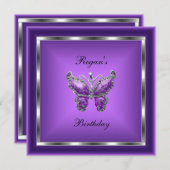 パープルバタフライシルバージュエルエレガント誕生日 招待状 (正面/裏面)