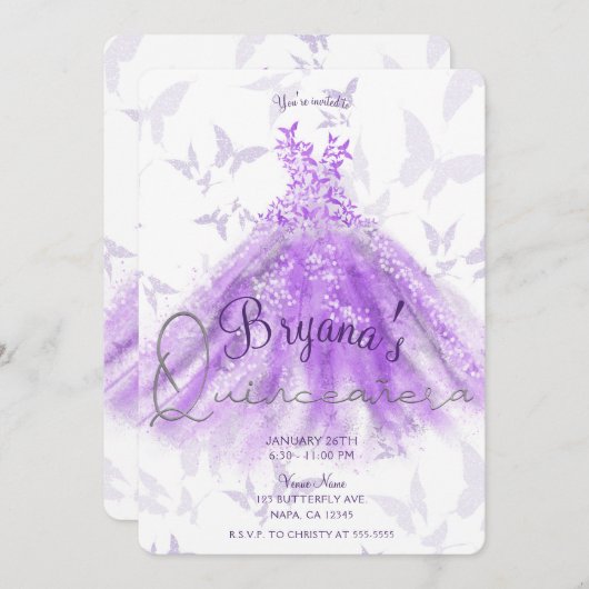 パープルバタフライダンスドレスシルバーキンセアニラ15 招待状 (正面/裏面)