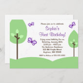 パープルバタフライツリーズガール誕生日 招待状 (正面/裏面)