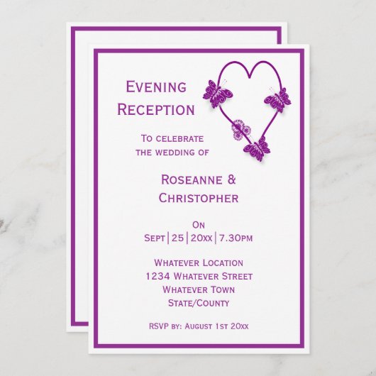 パープルバタフライハートのウェディングレセプション 招待状 (正面/裏面)
