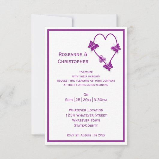 パープルバタフライハートデザインワディング 招待状 (正面)