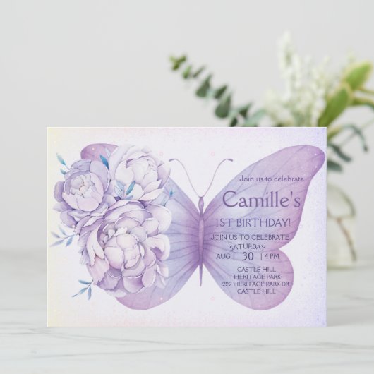 パープルバタフライバースデーパーティーフローラガール 招待状 (スタンド正面)
