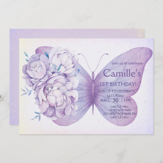 パープルバタフライバースデーパーティーフローラガール 招待状 (正面/裏面)