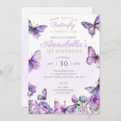 パープルバタフライバースデーパーティー招待状フラッタバイ 招待状 (正面/裏面)