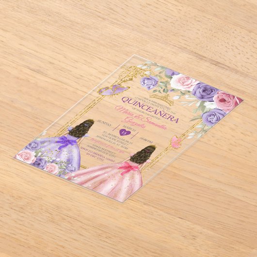 パープルバタフライピンクフローラツイン金ゴールドキンセアニラ アクリル招待状 (レイダウン)