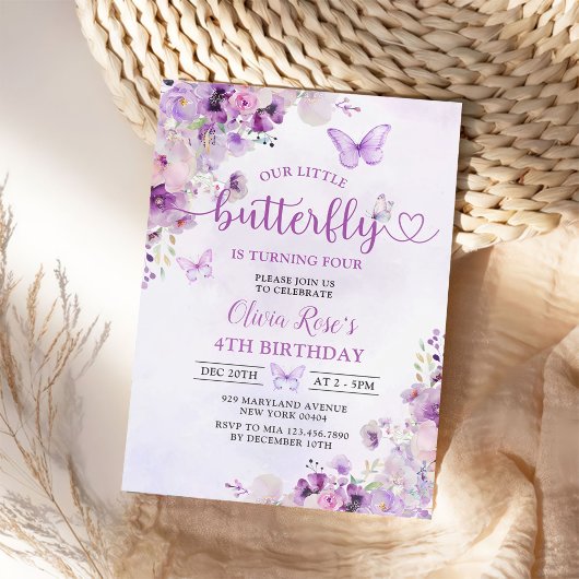 パープルバタフライフローラガールバースデーパーティー 招待状