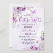 パープルバタフライフローラガールバースデーパーティー 招待状 (正面)