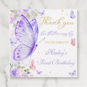 パープルバタフライフローラガール誕生日メッセージカード フェイバータグ (正面)