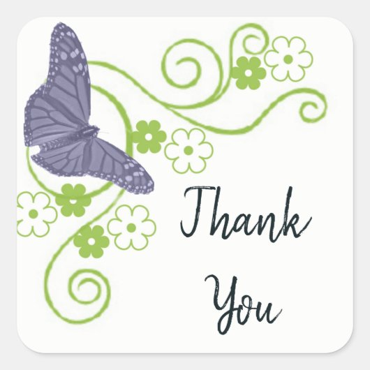 パープルバタフライフローラサンキューステッカー スクエアシール (正面)