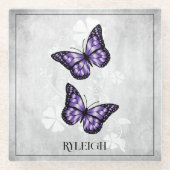 パープルバタフライフローラパーソナライズされたガラスコースター ガラスコースター (正面)