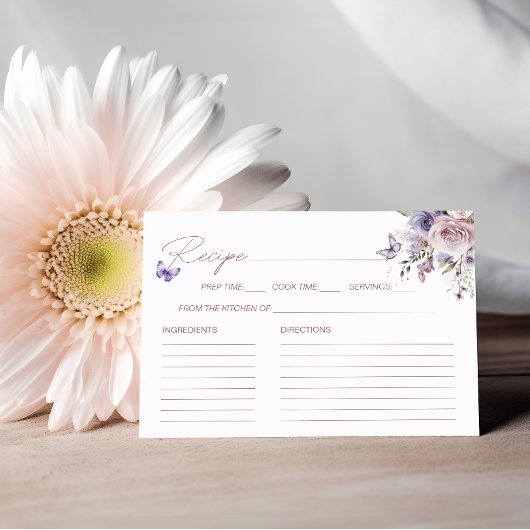 パープルバタフライフローラブライダルシャワーレシピカード エンクロージャーカード