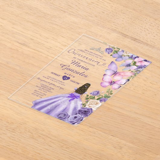 パープルバタフライフローラプリンセスドレスキンセアニラ アクリル招待状 (レイダウン)