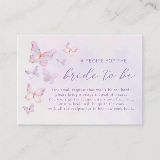 パープルバタフライブライダルシャワーレシピ要求 エンクロージャーカード (正面)