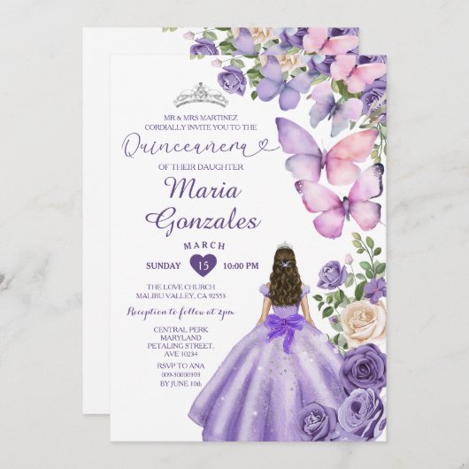 パープルバタフライプリンセスドレスフローラキンセアニラ 招待状 (正面/裏面)