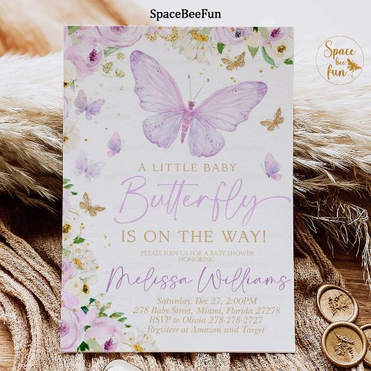 パープルバタフライベイビーシャワー招待状 女の子 招待 招待状