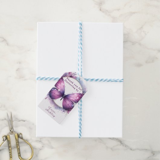 パープルバタフライベビーシャワーありがとう ギフトタグ (より糸付き)