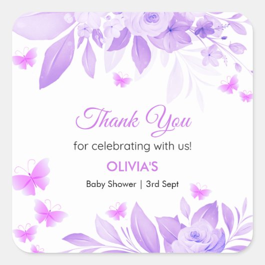 パープルバタフライベビーシャワーありがとう スクエアシール (正面)