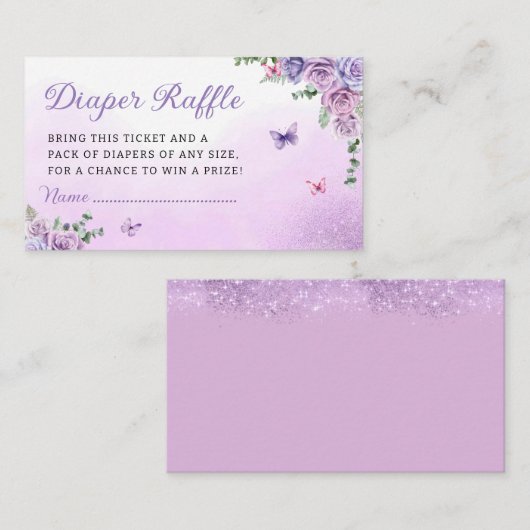 パープルバタフライベビーシャワーおむつラッフルチケット エンクロージャーカード (正面/裏面)