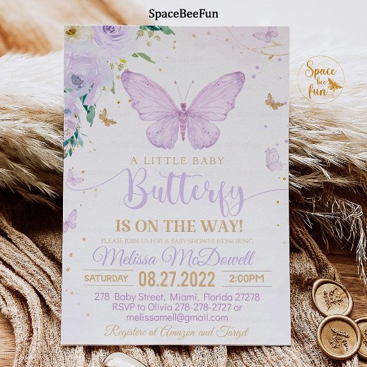 パープルバタフライベビーシャワー招待状ガールインバット 招待状