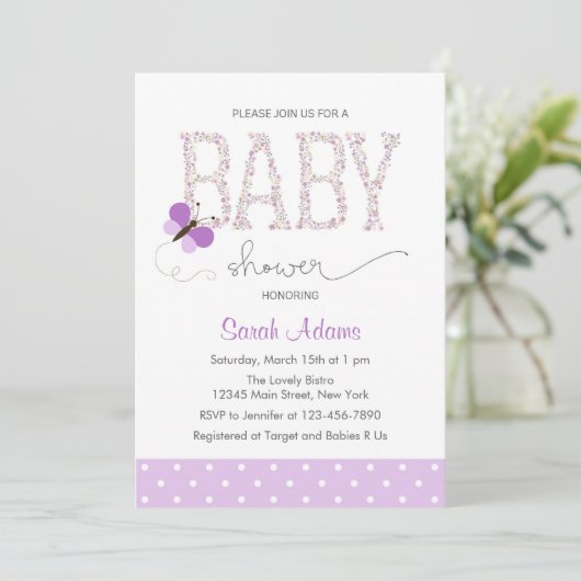 パープルバタフライベビーシャワー招待状 招待状 (スタンド正面)