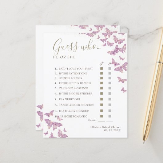 パープルバタフライボホブライダルシャワー推測Whoゲーム (正面/裏面インサイチュ)