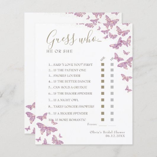 パープルバタフライボホブライダルシャワー推測Whoゲーム (正面/裏面)