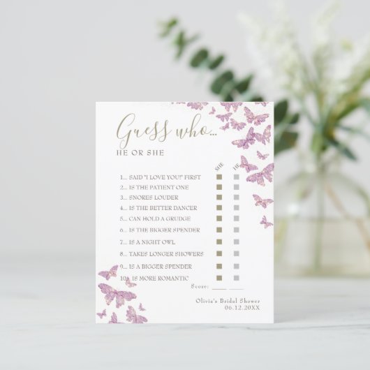 パープルバタフライボホブライダルシャワー推測Whoゲーム (スタンド正面)