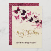 パープルバタフライメリークリスマスグリッター シーズンカード (正面/裏面)