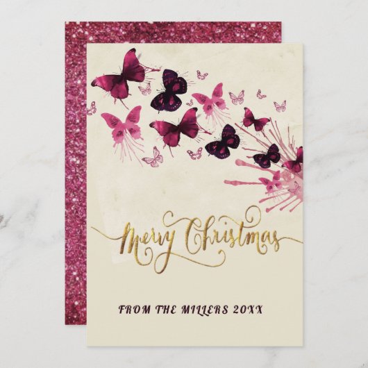 パープルバタフライメリークリスマスグリッター シーズンカード (正面/裏面)